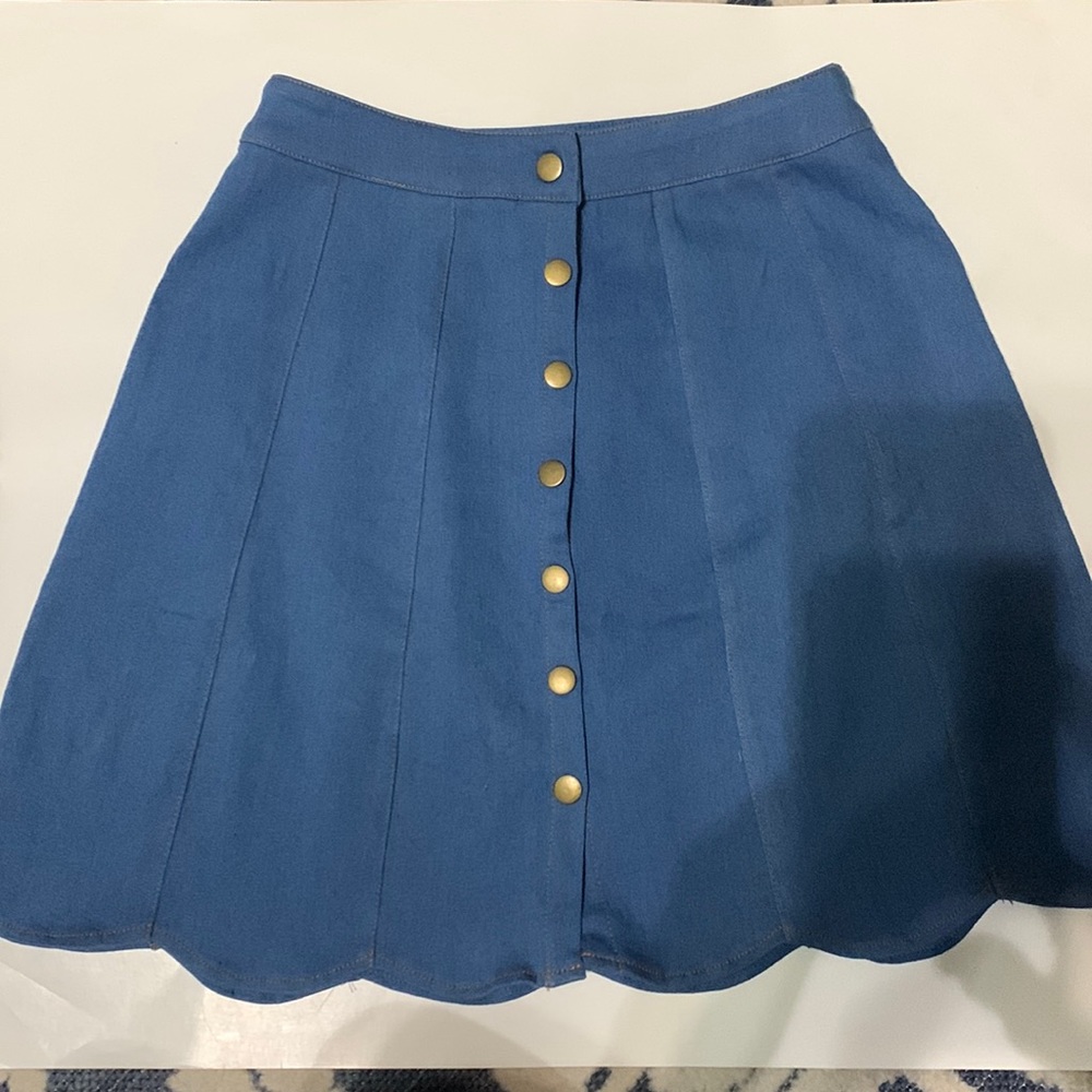 Blue Jean Skirt with Snaps Down the Front and Scalloped Bottom